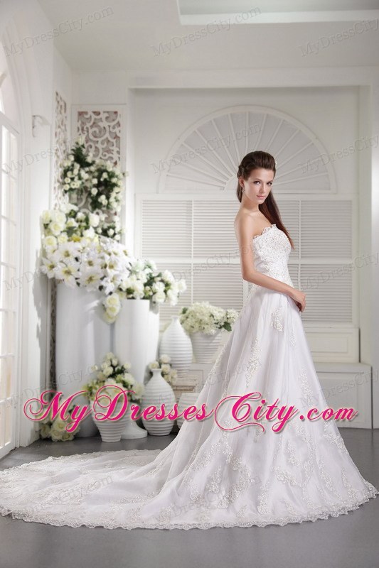 Princess White Strapless Satin and Lace Beaded Chapel Train Bridal Gown