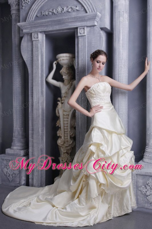 Special Champagne Strapless Court Train A-line Wedding Dress with Appliques