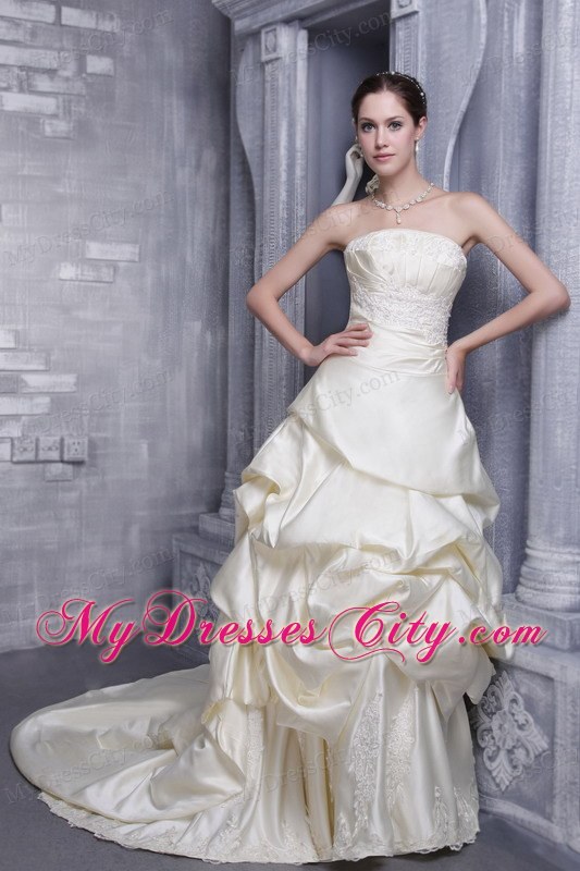 Special Champagne Strapless Court Train A-line Wedding Dress with Appliques