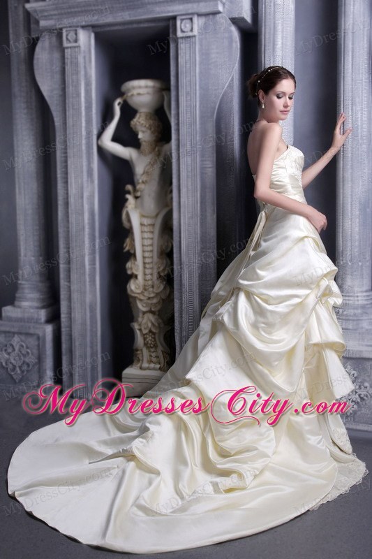 Special Champagne Strapless Court Train A-line Wedding Dress with Appliques