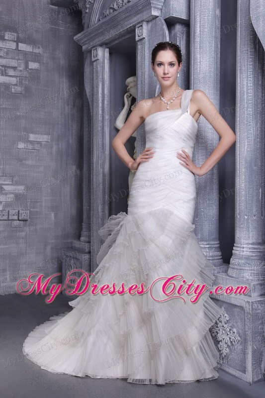 White Mermaid Single Shoulder Ruched Organza Bridal Gowns with Train