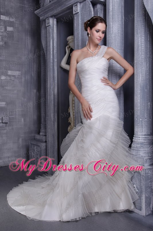 White Mermaid Single Shoulder Ruched Organza Bridal Gowns with Train