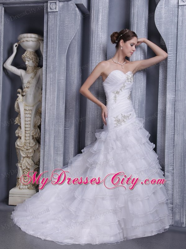 Long Sweetheart A-line Court Train Organza Appliques Wedding Dresses