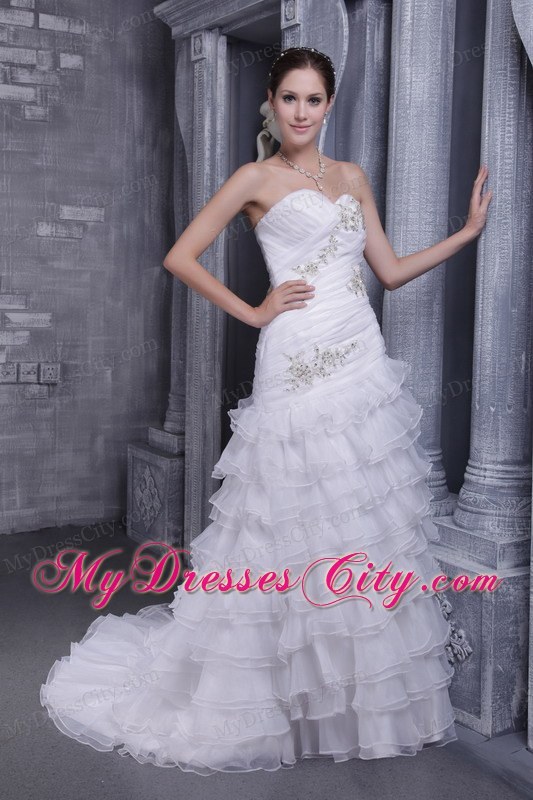 Long Sweetheart A-line Court Train Organza Appliques Wedding Dresses