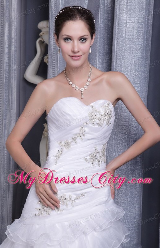 Long Sweetheart A-line Court Train Organza Appliques Wedding Dresses