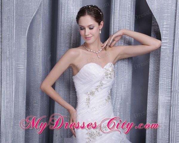 Long Sweetheart A-line Court Train Organza Appliques Wedding Dresses