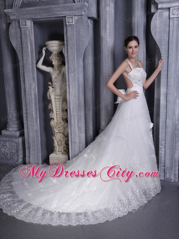 White Princess Straps Beaded Appliques Wedding Dress with Criss-cross