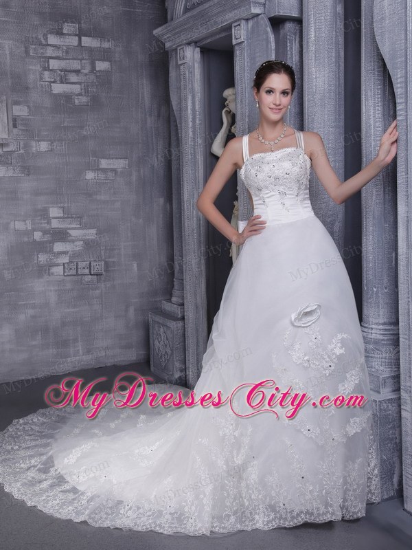 White Princess Straps Beaded Appliques Wedding Dress with Criss-cross