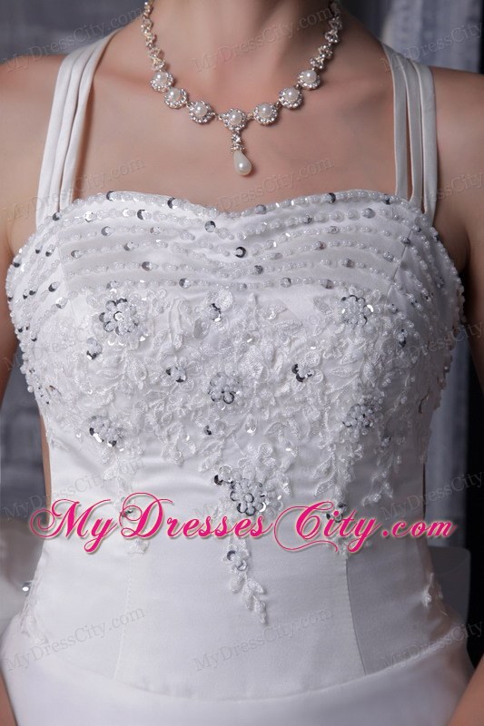 White Princess Straps Beaded Appliques Wedding Dress with Criss-cross