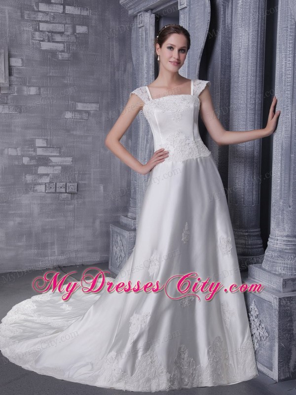 White A-Line Square Beading and Appliques Chapel Train Wedding Dress