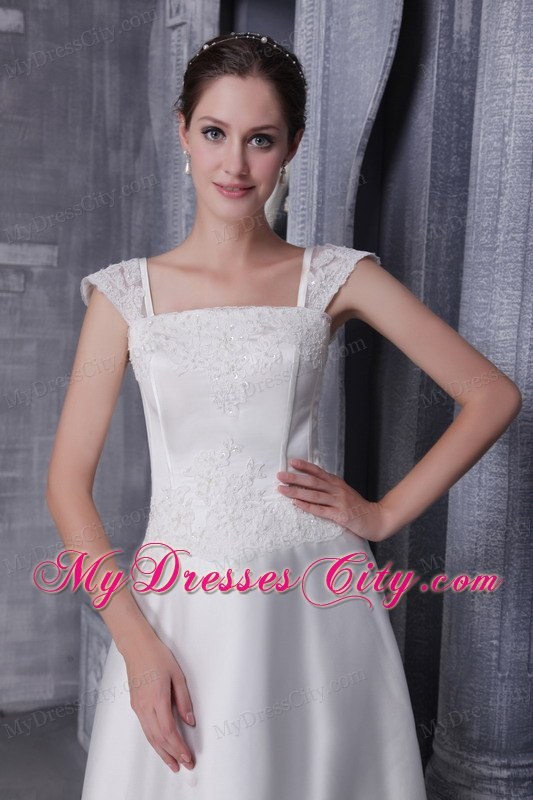 White A-Line Square Beading and Appliques Chapel Train Wedding Dress