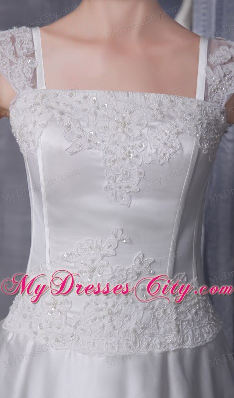 White A-Line Square Beading and Appliques Chapel Train Wedding Dress