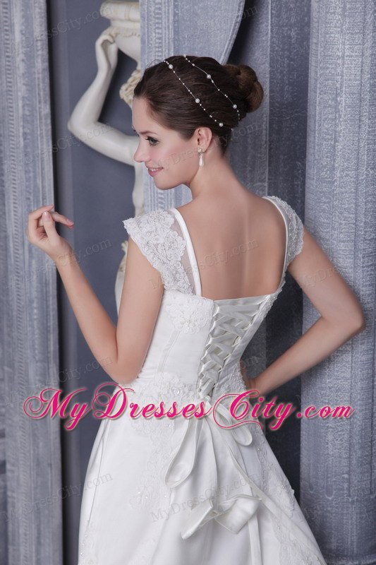 White A-Line Square Beading and Appliques Chapel Train Wedding Dress