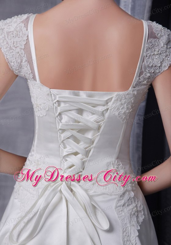 White A-Line Square Beading and Appliques Chapel Train Wedding Dress