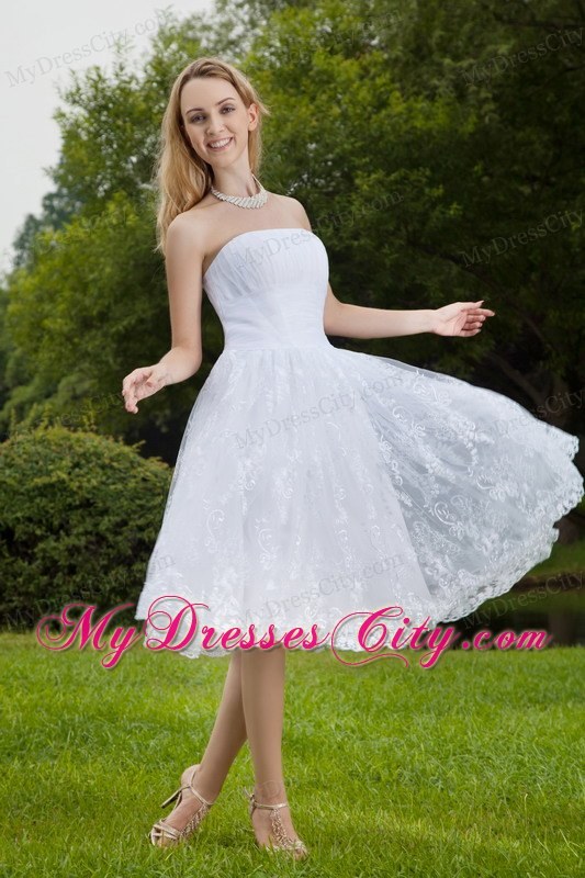 White Short Strapless Princess Chiffon and Lace Ruching Bridal Dress