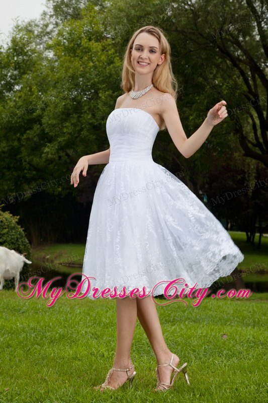 White Short Strapless Princess Chiffon and Lace Ruching Bridal Dress