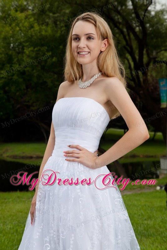 White Short Strapless Princess Chiffon and Lace Ruching Bridal Dress