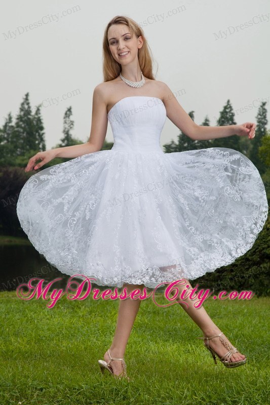 White Short Strapless Princess Chiffon and Lace Ruching Bridal Dress