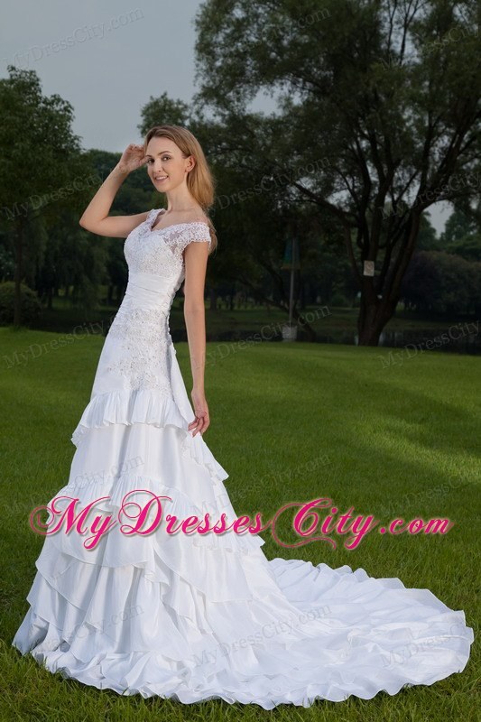 White Lace Off The Shoulder Ruched A-line Wedding Dress with Train