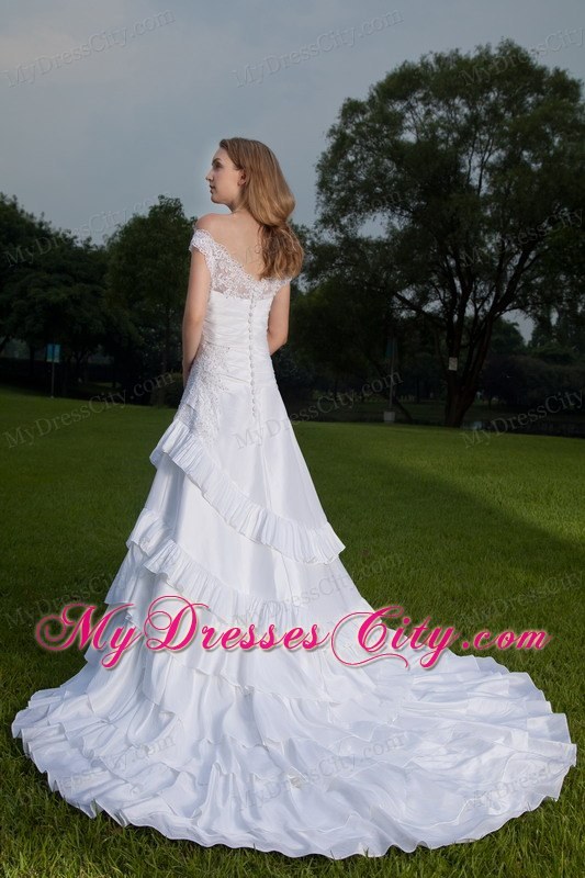 White Lace Off The Shoulder Ruched A-line Wedding Dress with Train