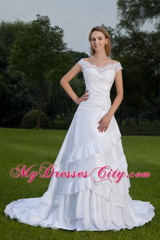 White Lace Off The Shoulder Ruched A-line Wedding Dress with Train