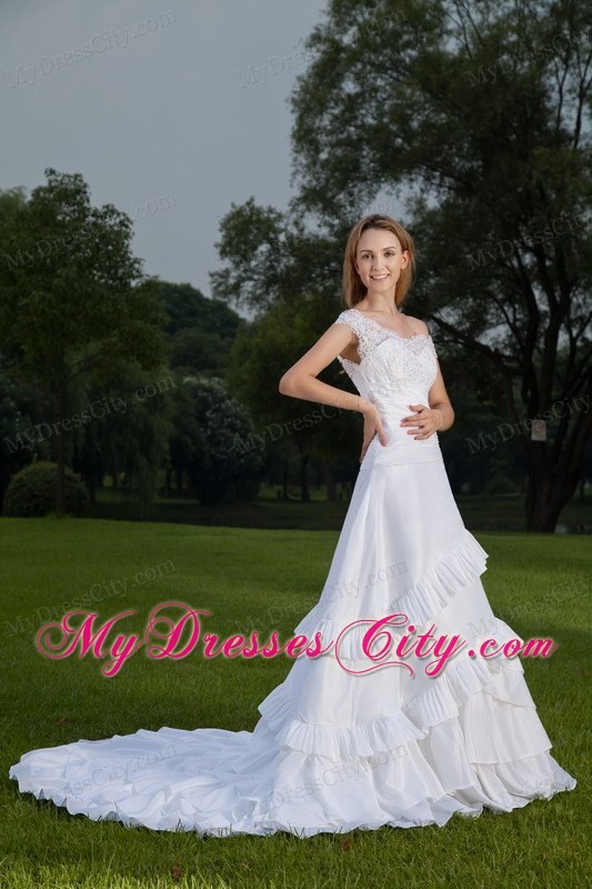 White Lace Off The Shoulder Ruched A-line Wedding Dress with Train