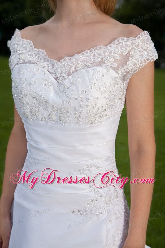 White Lace Off The Shoulder Ruched A-line Wedding Dress with Train