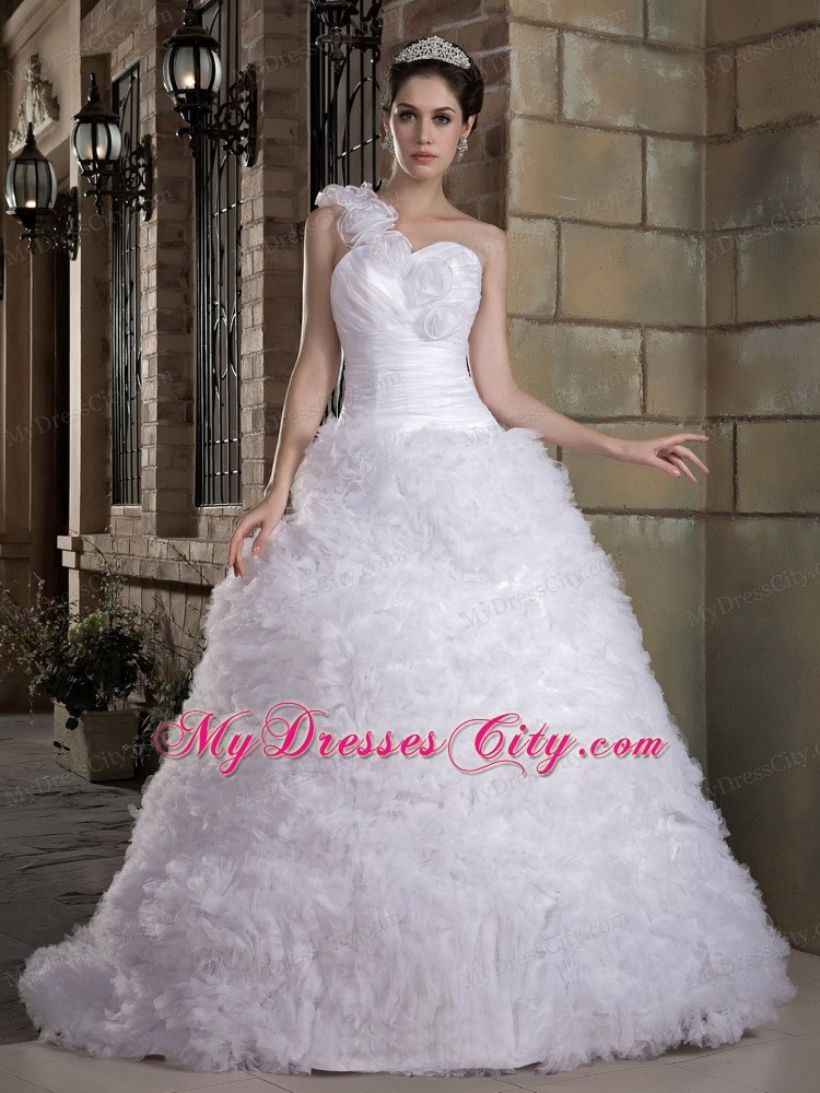 Modest A-line One Flowery Shoulder Wedding Dress with Brush Organza Train