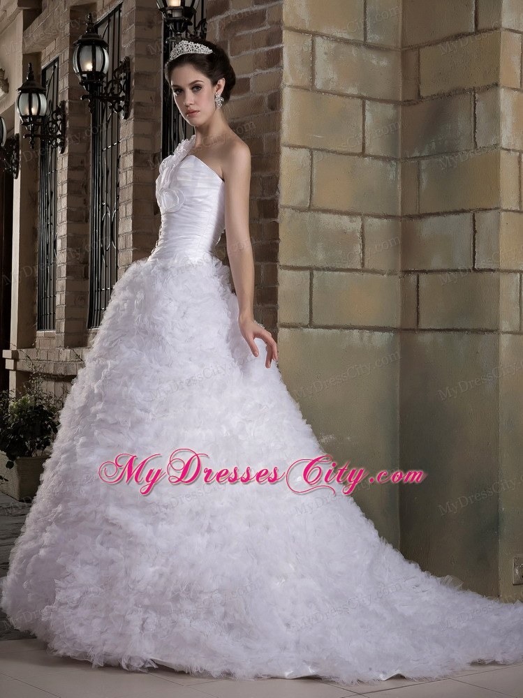 Modest A-line One Flowery Shoulder Wedding Dress with Brush Organza Train