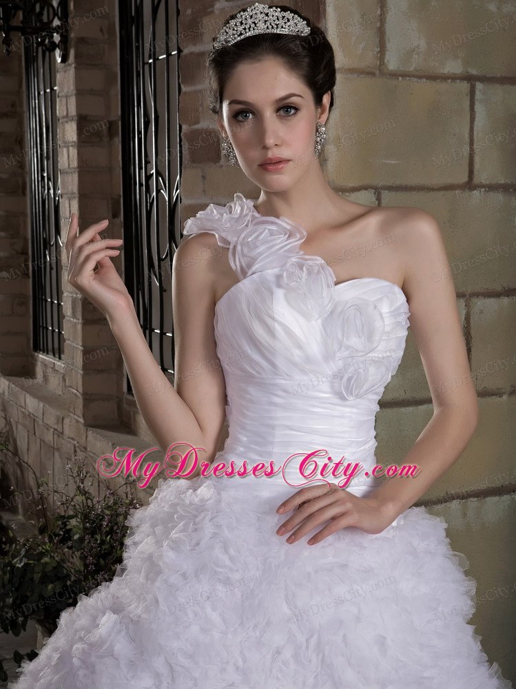 Modest A-line One Flowery Shoulder Wedding Dress with Brush Organza Train