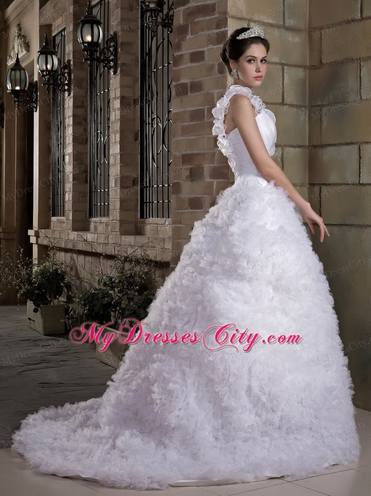 Modest A-line One Flowery Shoulder Wedding Dress with Brush Organza Train