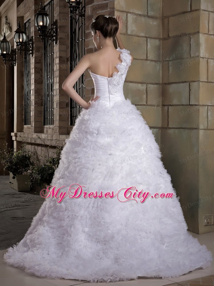 Modest A-line One Flowery Shoulder Wedding Dress with Brush Organza Train