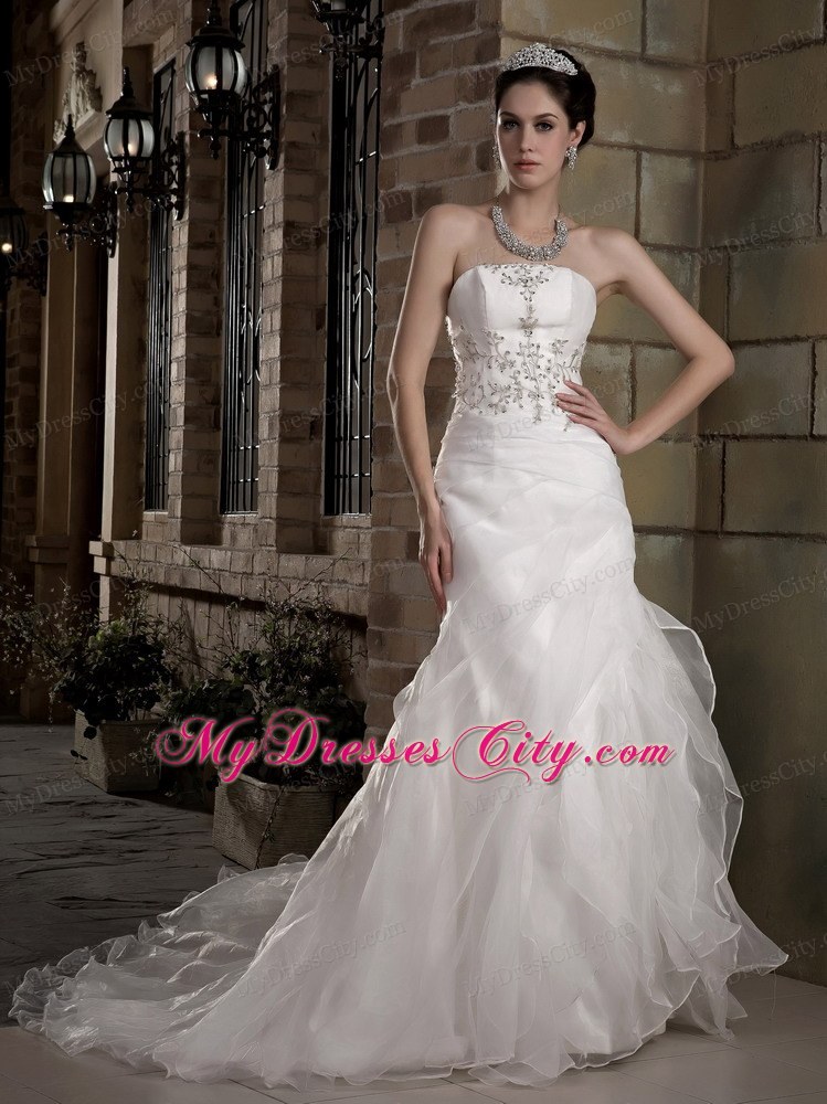 Strapless Taffeta and Organza Appliques A-line Court Train Bridal Gown