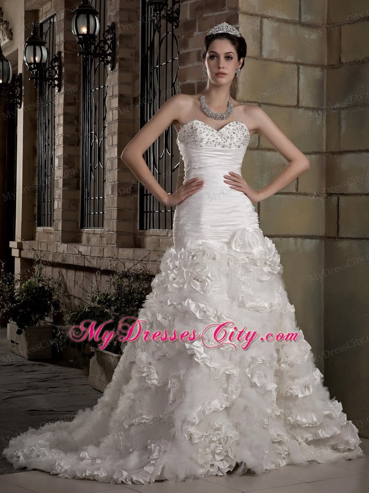 A-line Sweetheart Ruching and Beading Wedding Dress with Flowery Train