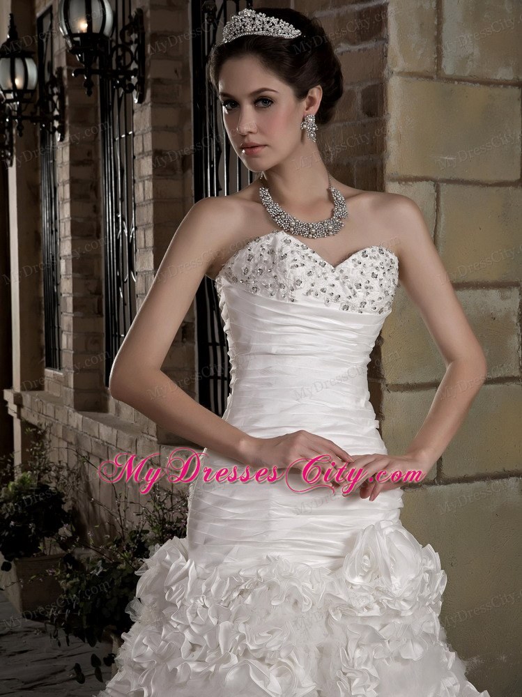 A-line Sweetheart Ruching and Beading Wedding Dress with Flowery Train