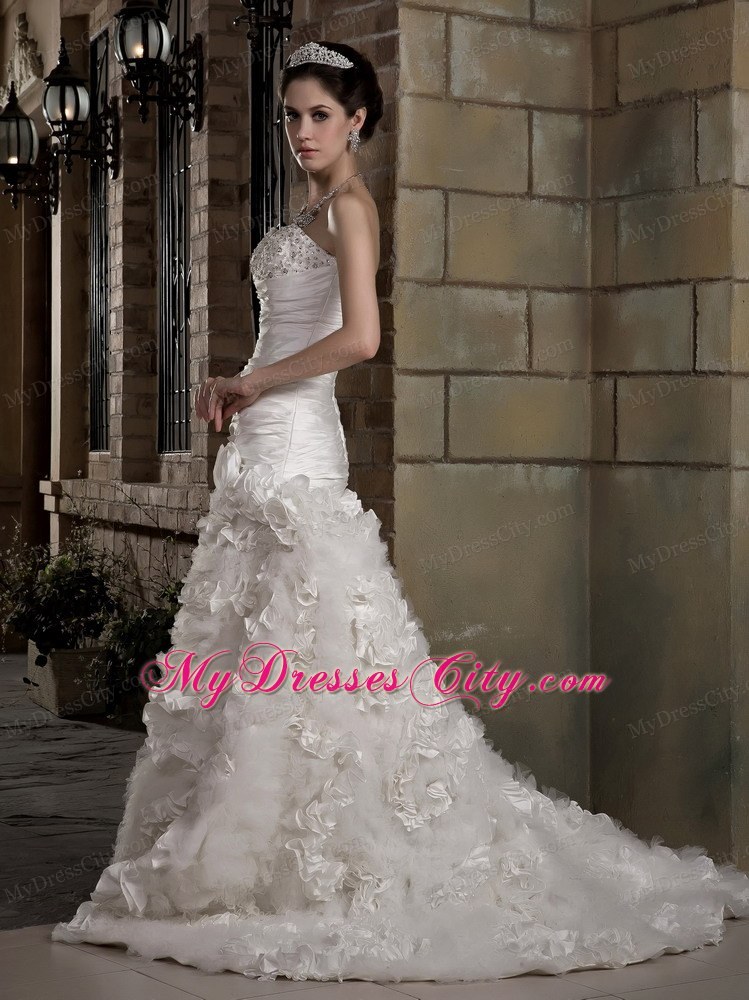 A-line Sweetheart Ruching and Beading Wedding Dress with Flowery Train