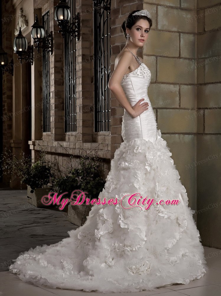 A-line Sweetheart Ruching and Beading Wedding Dress with Flowery Train