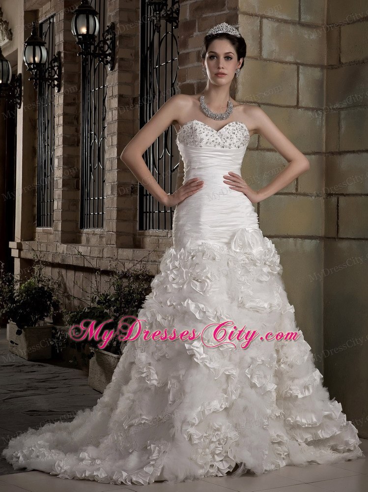 A-line Sweetheart Ruching and Beading Wedding Dress with Flowery Train