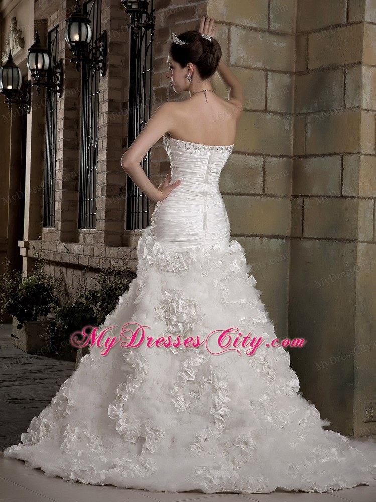 A-line Sweetheart Ruching and Beading Wedding Dress with Flowery Train