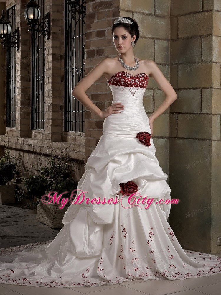 White and Red Sweetheart Embroidery and Flowers Bridal Gowns Beaded