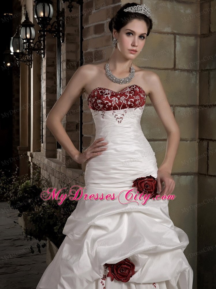 White and Red Sweetheart Embroidery and Flowers Bridal Gowns Beaded