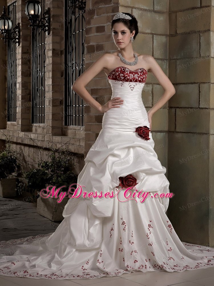 White and Red Sweetheart Embroidery and Flowers Bridal Gowns Beaded