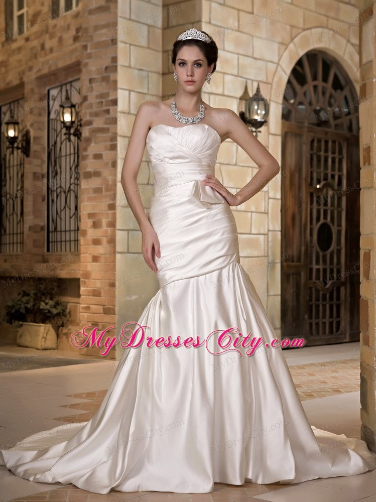 New Mermaid Strapless Chapel Train Ruched Wedding Dress 2013 Hot sale