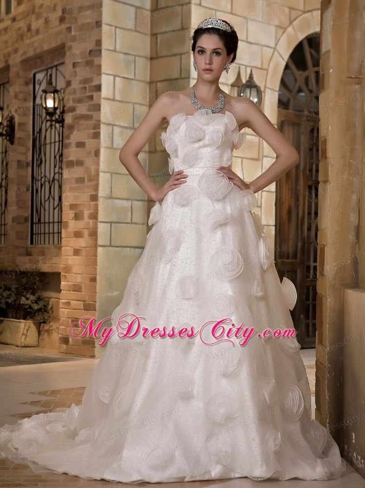 Discounted Long Strapless Taffeta and Organza Flowery A-line Bridal Dress