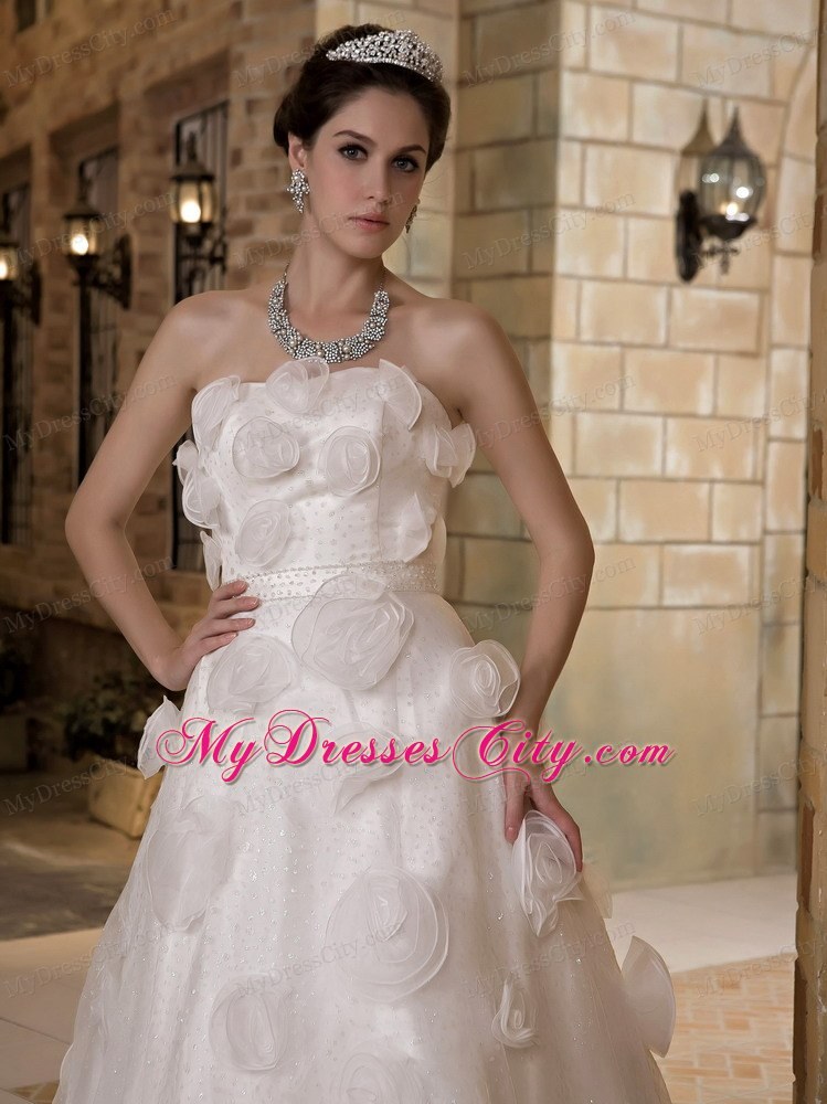 Discounted Long Strapless Taffeta and Organza Flowery A-line Bridal Dress