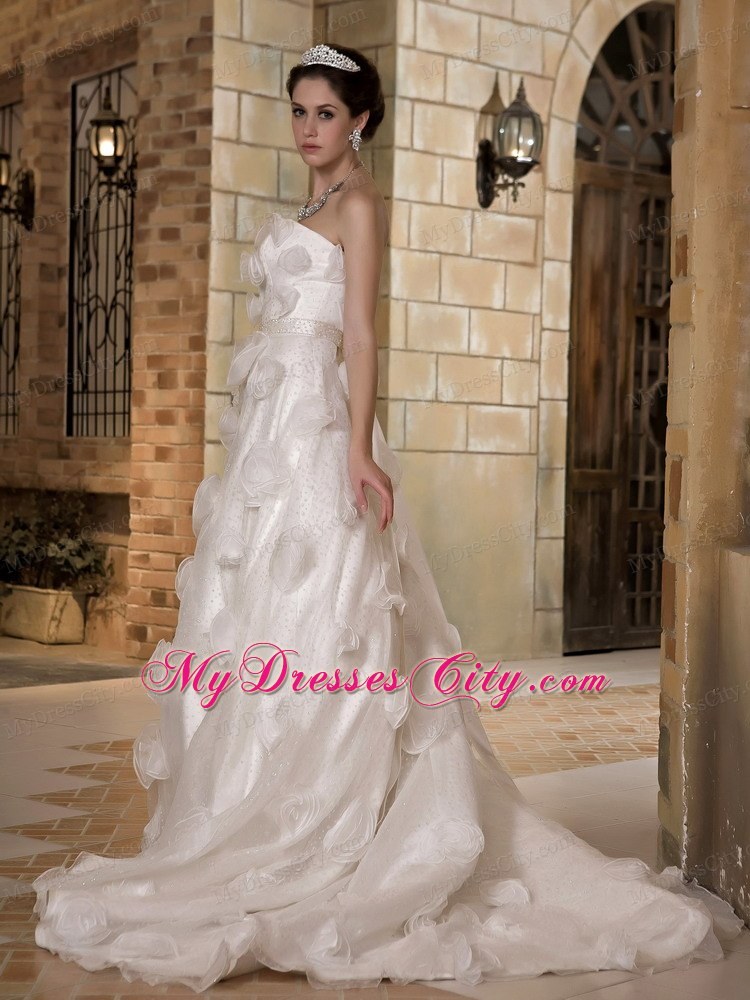 Discounted Long Strapless Taffeta and Organza Flowery A-line Bridal Dress