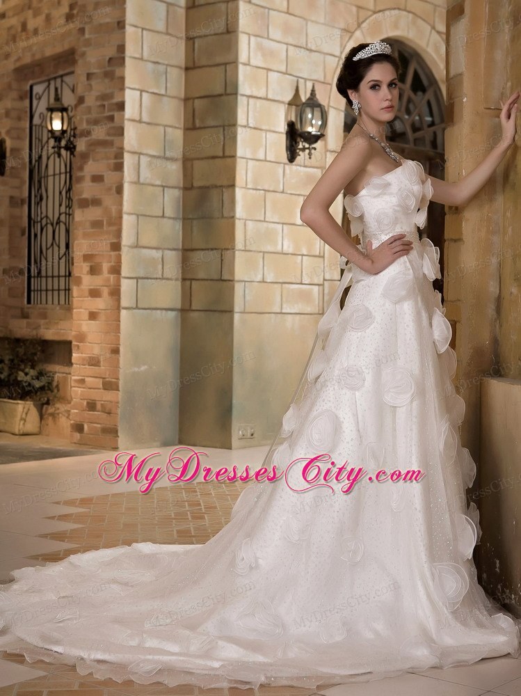 Discounted Long Strapless Taffeta and Organza Flowery A-line Bridal Dress