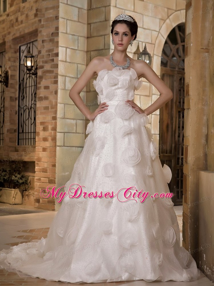 Discounted Long Strapless Taffeta and Organza Flowery A-line Bridal Dress