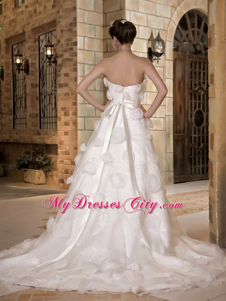 Discounted Long Strapless Taffeta and Organza Flowery A-line Bridal Dress