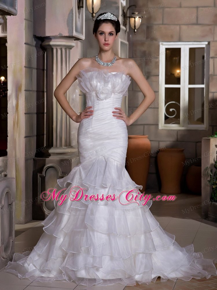 Mermaid Strapless Court Train Ruched and Ruffled Organza Wedding Gown